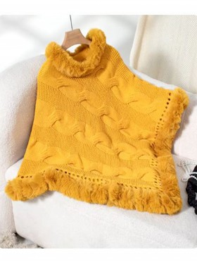 Solid Color Knitted Poncho W/ Fur Collar & Trim